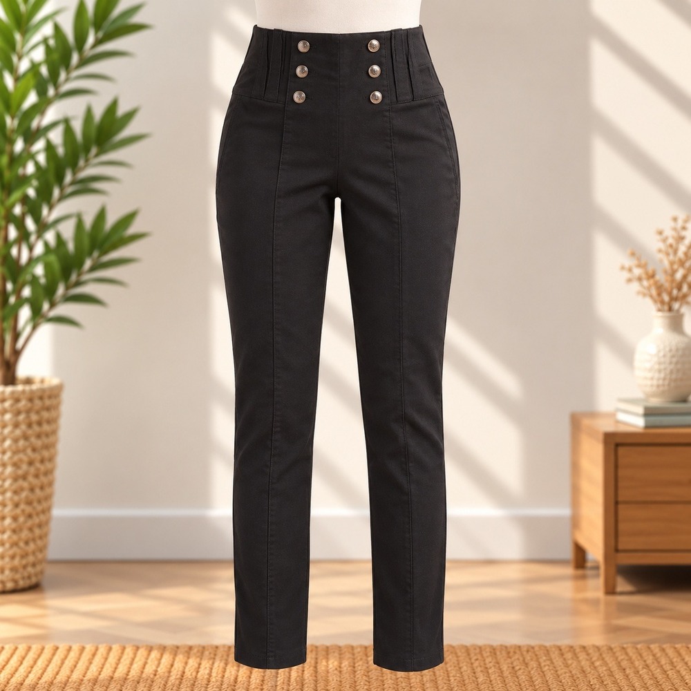 Zara Skinny Trousers Womens Small Black High Waist Button Front Seamed Pants